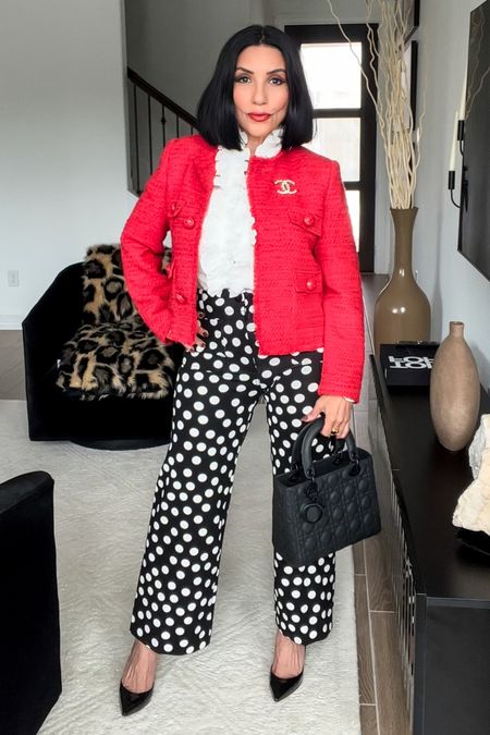 style tip for styling black and white polka dots add a pop of color like a red jacket or even red shoes . The polka dots and or the red jacket will  be the focal points, and pair them with neutral colors like black or white for the rest of your ensemble. This will create a balanced, cohesive and chic look, allowing the polka dots and red jacket to stand out without overwhelming your overall outfit.
Red is the color for fall! ❤️so have fun 

#LTKstyletip #LTKFind #LTKSeasonal