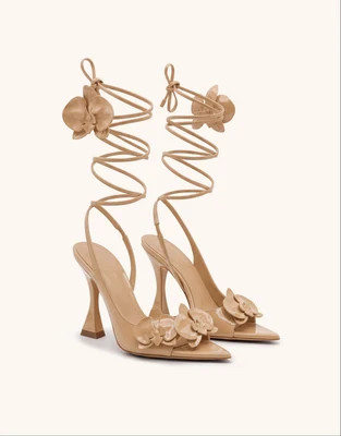 Rosalie Orchid Appliqué Lace-Up Heels - Nude | JW PEI US