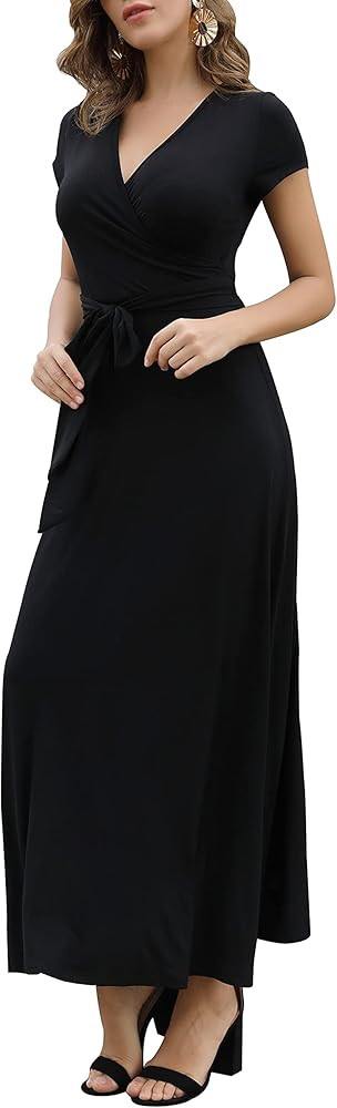 Aphratti Women's Bohemian Casual Short Sleeve V Neck Faux Wrap Floral Maxi Dress | Amazon (US)