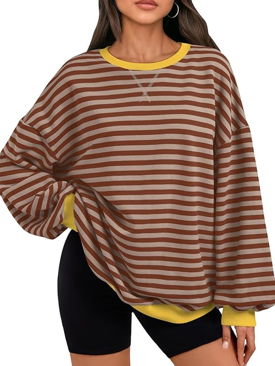 Trendy Queen Oversized Sweatshirt for Women 2025 Fall Crewneck Striped Long Sleeve Shirts Hoodies... | Amazon (US)