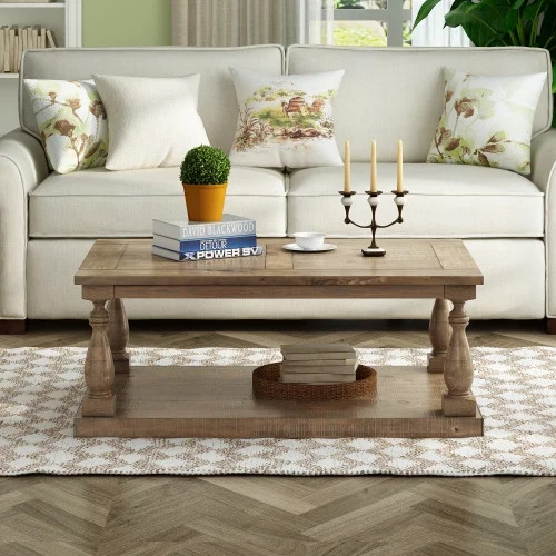 Rustic Floor Shelf Coffee Table Farmhouse Rustic with Storage Shelf for Living Room,Solid Pine Wo... | Walmart (US)