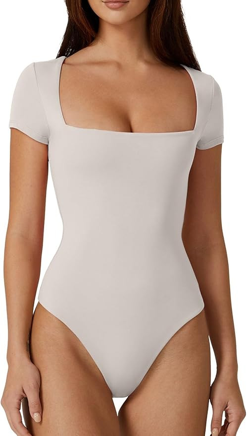 QINSEN Women's Square Neck Short Sleeve Bodysuit Sexy Body Suit Tops Double Lined Shirts | Amazon (US)