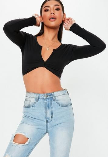 Missguided - Black Twist Front Long Sleeve Crop Top | Missguided (UK & IE)