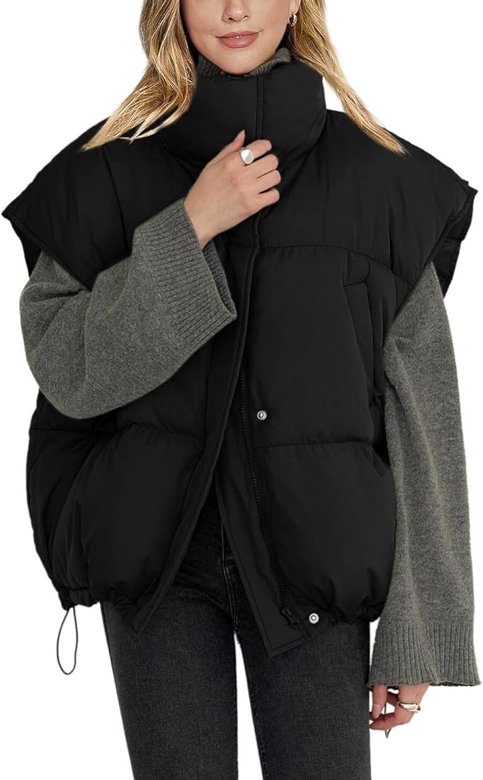 Veatzaer Womens Oversized Puffer Vest Outerwear Stand Collar Drawstring Hem Sleeveless Jackets Zi... | Amazon (US)