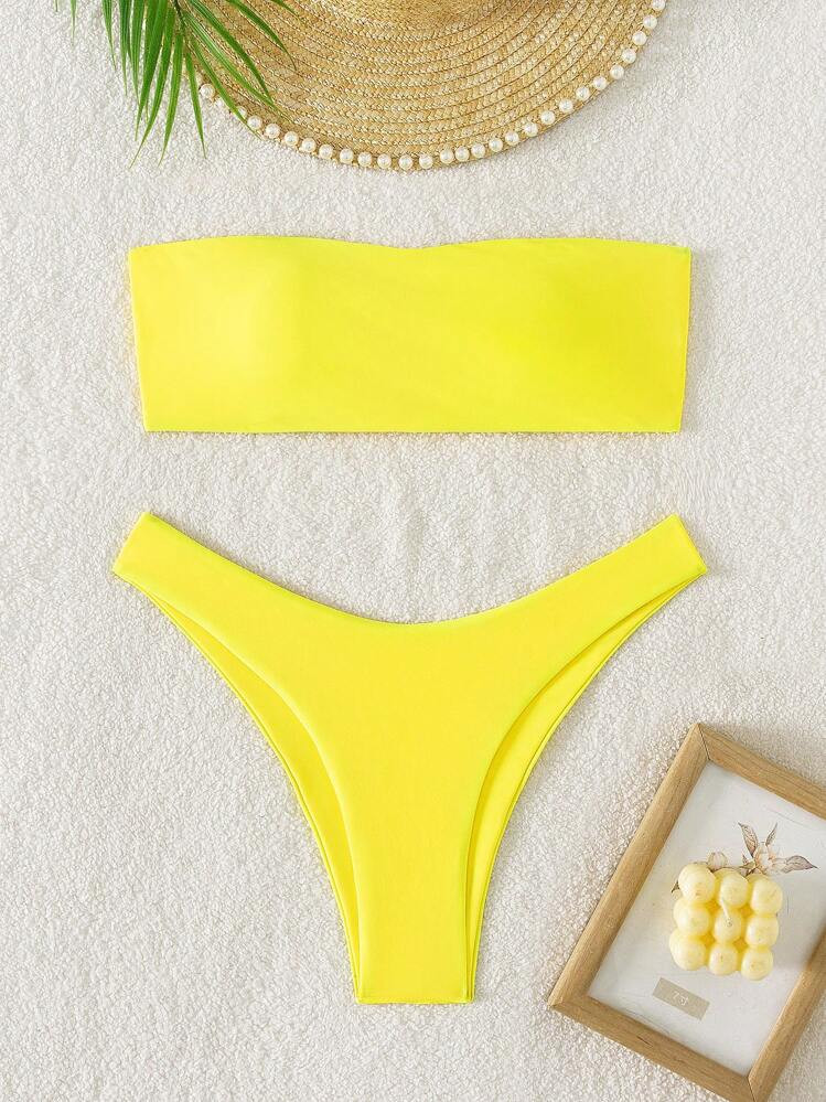 Swim Mod Summer Beach Solid Bikini Set Bandeau Bra & High-Leg Cut Bottom 2 Pieces Bikini | SHEIN
