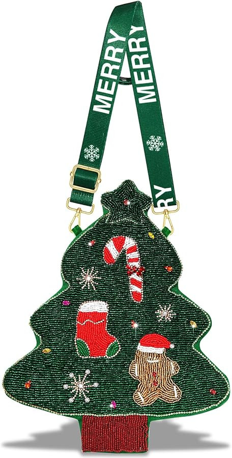 Christmas Purse for Women Beaded Xmas Tree Reindeer Snowflake Bell Crossbody Shoulder Bag Christm... | Amazon (US)