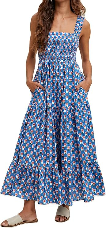 Women Square Neck Sleeveless Boho Floral Maxi Dress Spaghetti Strap Flowy Tiered Long Dresses Bea... | Amazon (US)