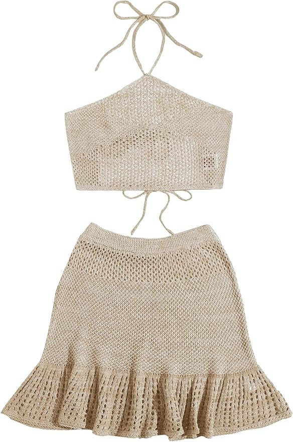 SOLY HUX Women's Halter Top and Ruffle Hem Skirt Set 2 Piece Swimsuit Bikini Cover Up | Amazon (US)