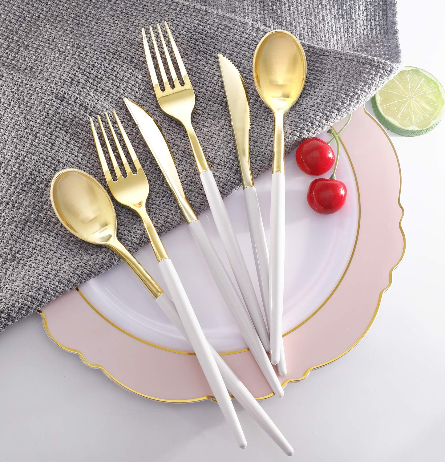 Supernal 102pcs Gold Plastic Cutlery, Durable Plastic silverware,Disposable Cutlerty with White H... | Amazon (US)