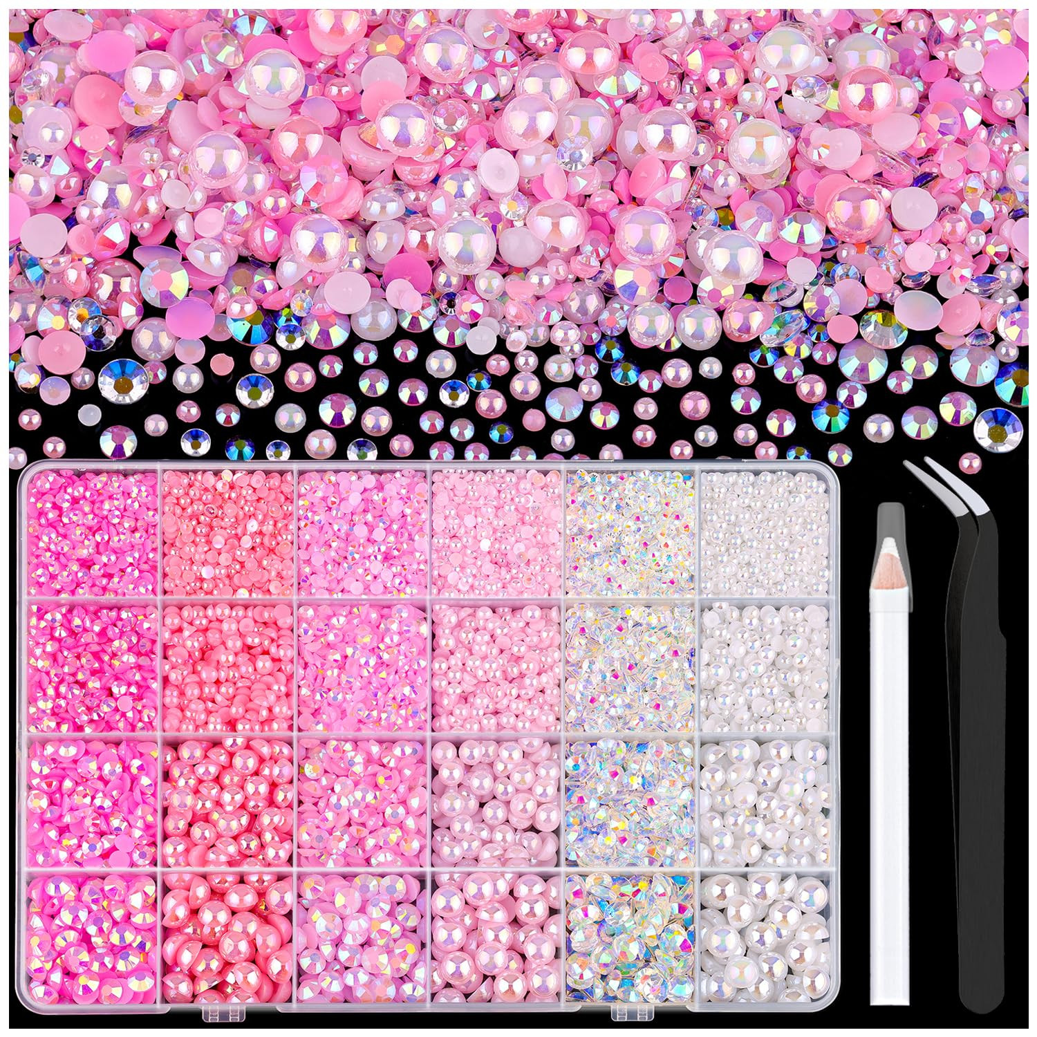 9000PCS Flatback Pearls and Rhinestones for Bedazzling, Pink White Mixed Size 3-8mm Resin Rhinest... | Amazon (US)