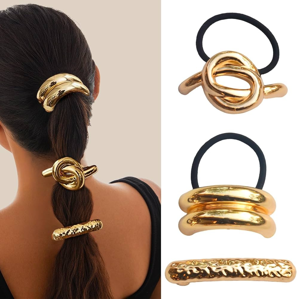 Metal Hair Ties Ponytail Holders Hair Cuff, Gold Hair Cuff Geometric Elastic Hair Tie, Gold Ponyt... | Amazon (US)