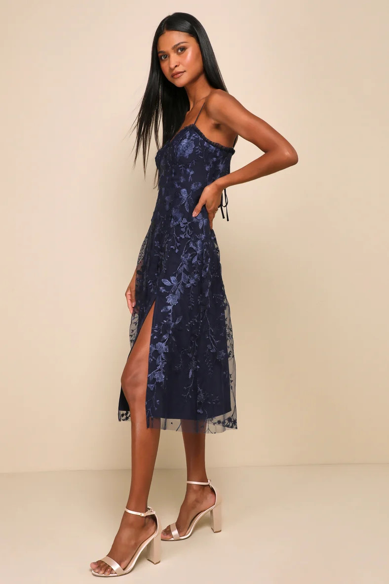 Charmingly Sophisticated Navy Blue Tulle Embroidered Midi Dress | Lulus
