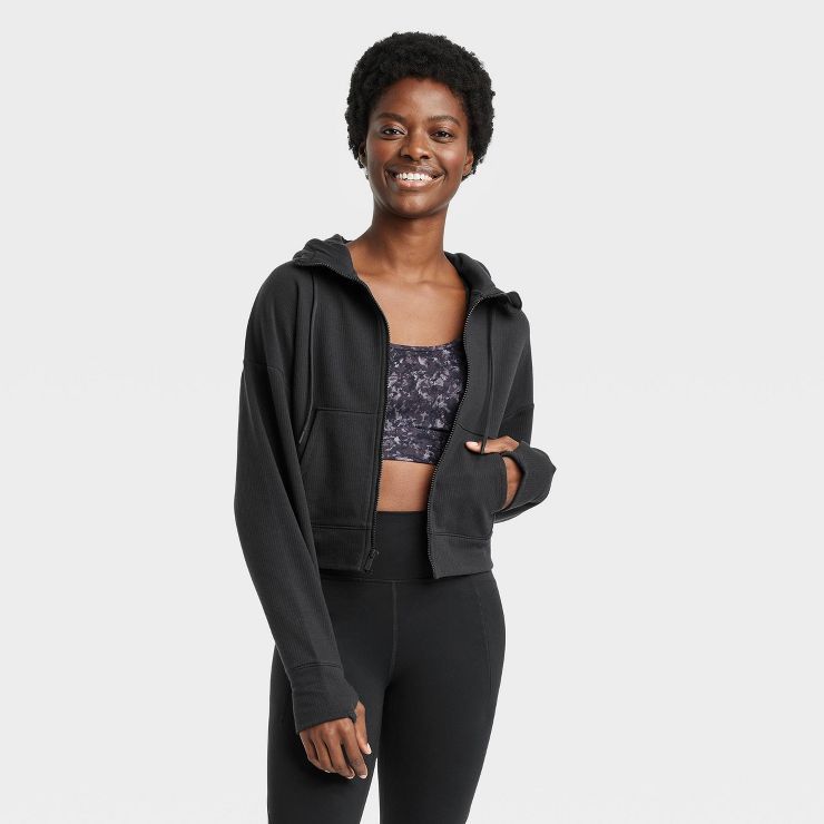 Women's Ribbed Fleece Cropped Hooded Sweatshirt - All in Motion™ | Target