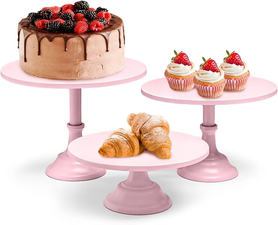 3 Pcs Pink Cake Stands, 8" 10" 12" Tiered Cupcake Display Holders, Metal Dessert Serving Trays, R... | Amazon (US)