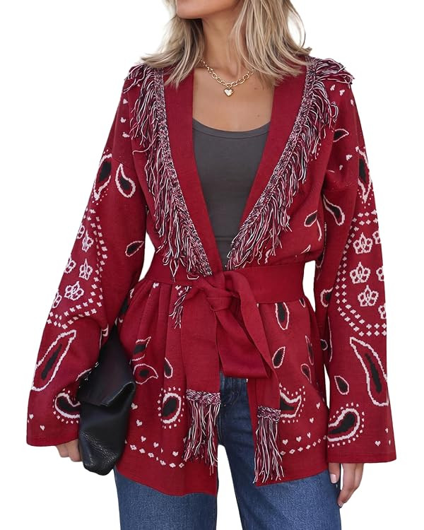 Cicy Bell Womens Fringe Cardigan Printed Long Sleeve V Neck Belt Sweaters | Amazon (US)