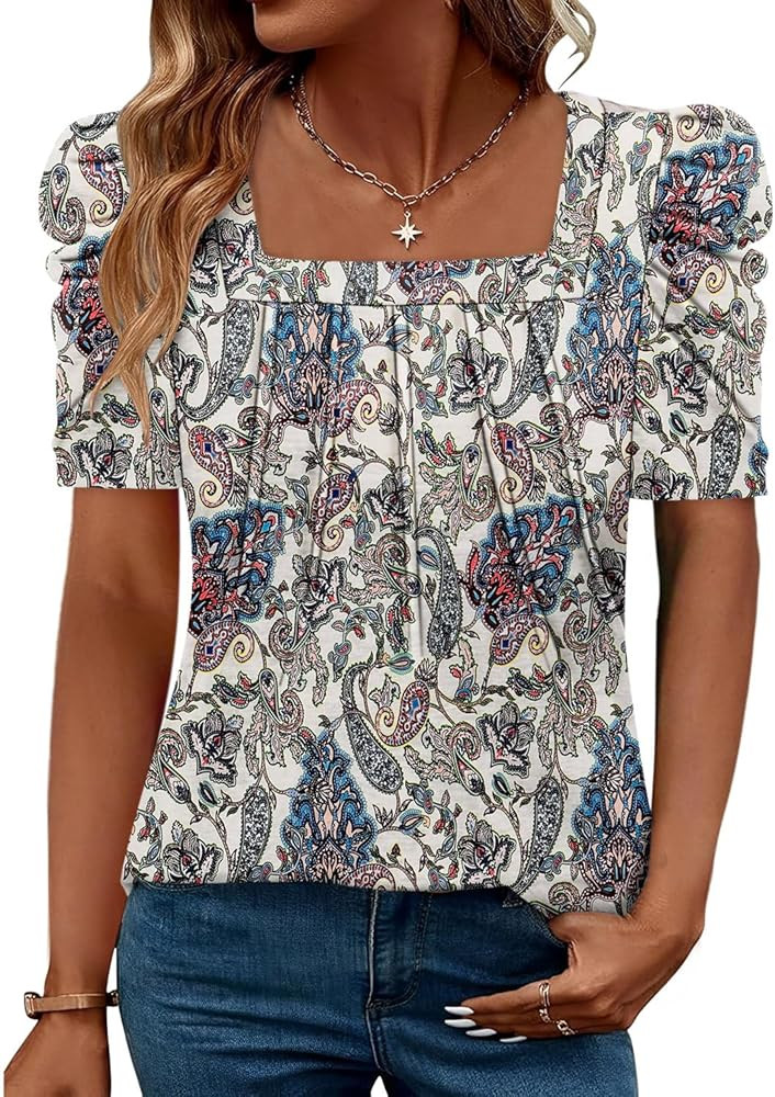 CRAZY GRID Womens Trendy Summer Tops Puff Sleeve Loose Fit Shirts Dressy Casual Blouses | Amazon (US)