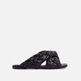 Vista Woven Cross Strap Square Toe Flat Slider Sandal In Black Faux Leather | EGO Shoes (US & Canada)