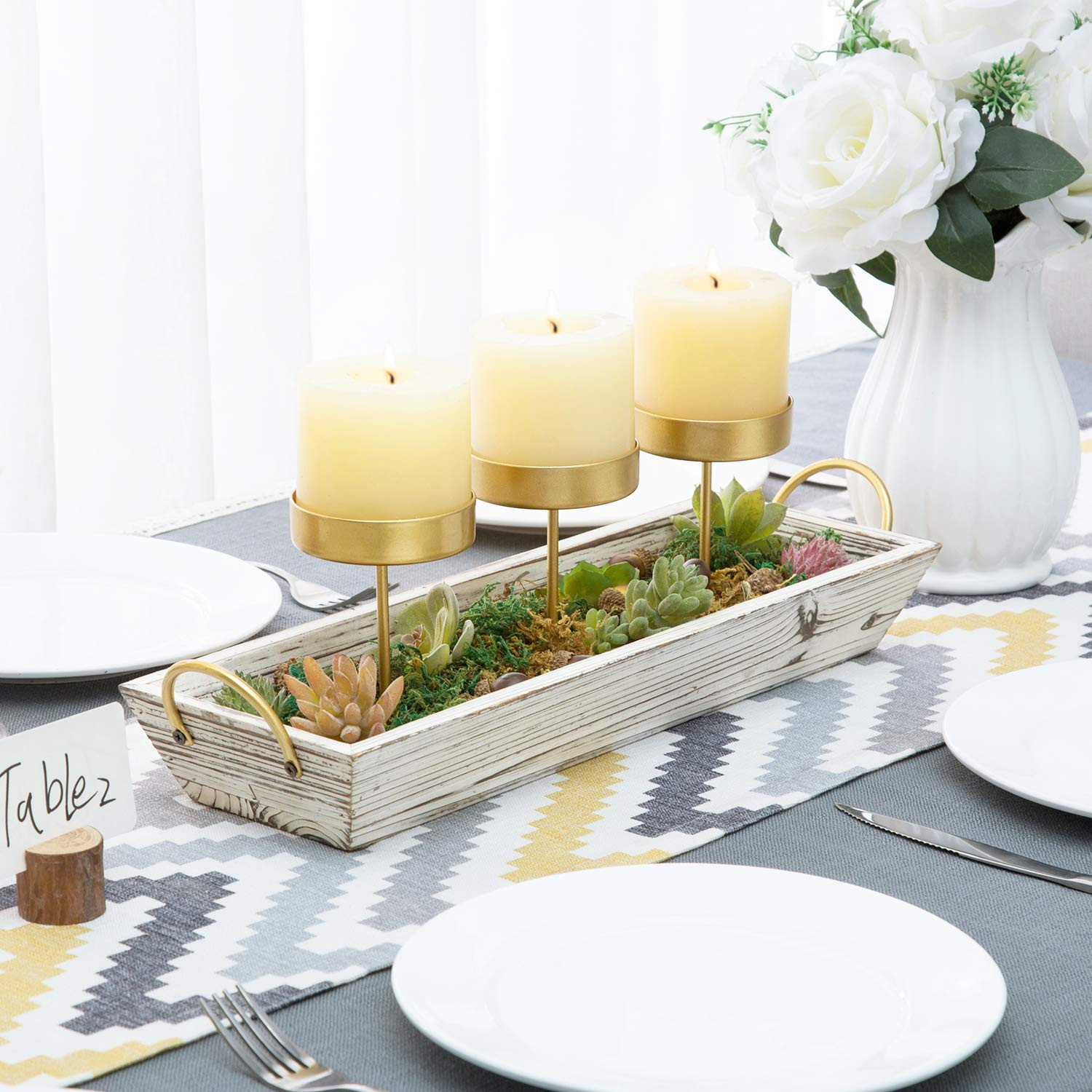 MyGift 3-Pillar Candle Holder Centerpiece - Decorative Tabletop or Mantel Decor Tray with Gold-To... | Amazon (US)