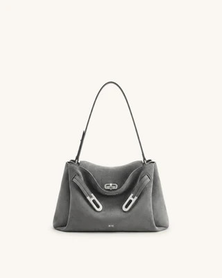 Rhea Faux Suede Double Buckle Shoulder Bag - Grey | JW PEI US