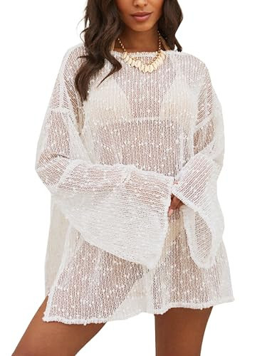 Beautiful Nomad Women's Crochet Cover Ups Sheer Kaftan Beach Dress Bathing Suit Vacation Outfits White | Amazon (US)