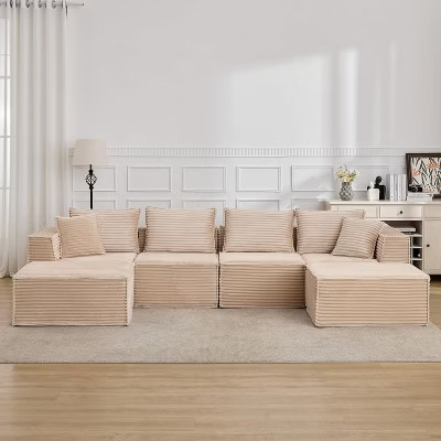 137" Modular Sectional Cloud Couch,Deep Seat Boneless Couch,Convertible Comfy Floor Sofas with Ottomans and Memory Foam (4 Seater+2 Ottoman),Beige | Target