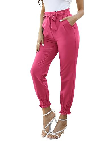 GRACE KARIN Women's Pants Back Elastic Waist Ankle Length Paperbag Pants Pink XL | Amazon (US)