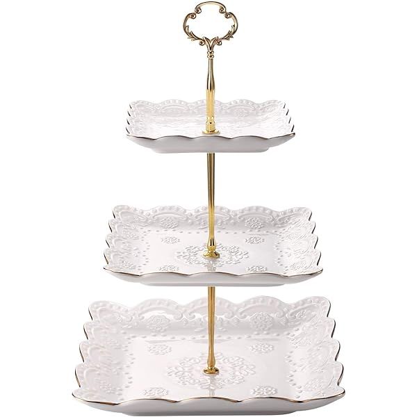 Sumerflos 3 Tier Porcelain Cupcake Stand, Tiered Serving Cake Stand, Square White Embossed Dessert S | Amazon (US)