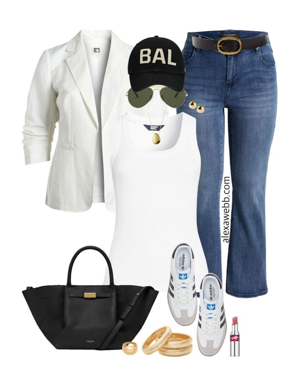 Plus Size White Linen Blazer Outfits - A cute plus size casual outfit for spring and summer with a plus size white linen blazer. Make it a sporty outfit with flare jeans, adidas sneakers, aviator sunglasses, and a baseball cap. Alexa Webb #plussize

#LTKStyleTip #LTKPlusSize #LTKOver40