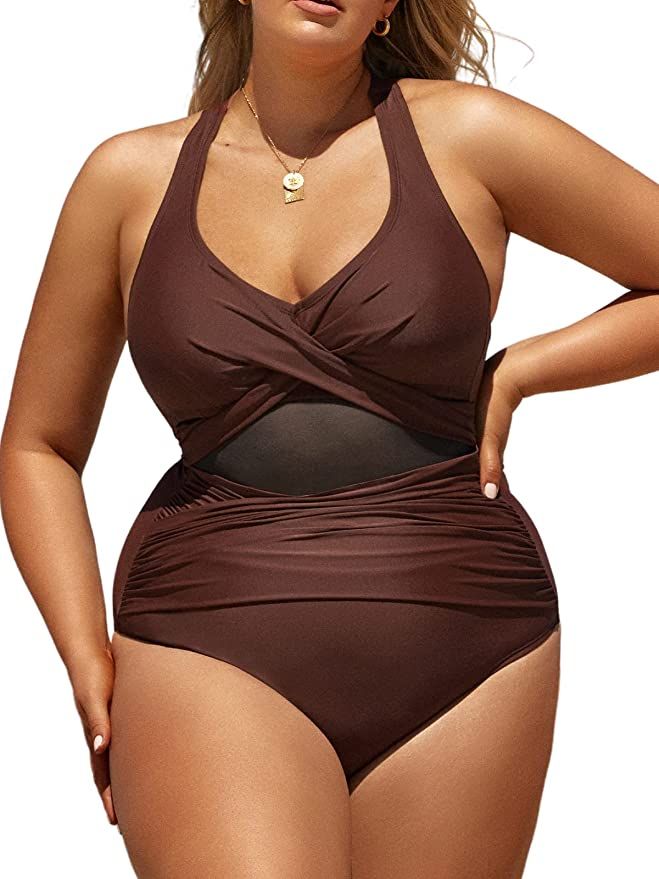 CUPSHE Women Plus Size One Piece Swimsuit Bathing Suit Mesh Tummy Control Criss Cross Back Tie | Amazon (US)