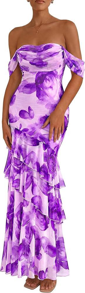 PRETTYGARDEN Women's Formal Cocktail Maxi Dresses 2026 Summer Off Shoulder Floral Mesh Bodycon Sp... | Amazon (US)