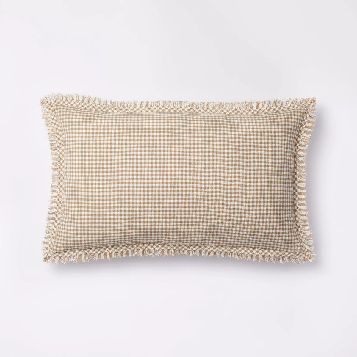 Oblong Gingham with Hemstitch and Raw Edge Decorative Throw Pillow Camel - Threshold™ designed ... | Target
