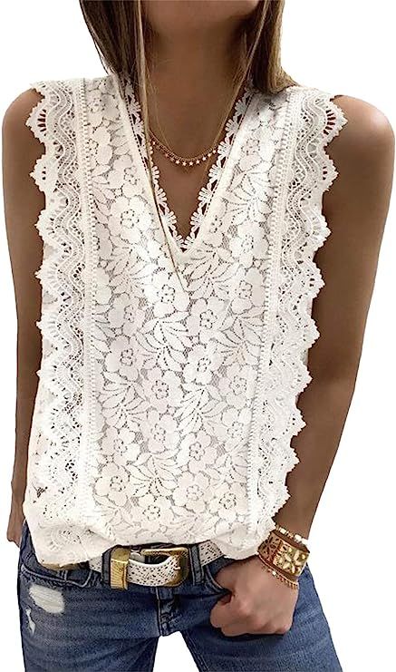 Astylish Women Lace V Neck Tunic Tank Tops Casual Sleeveless Shirt Blouses | Amazon (US)