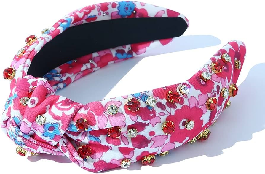 CULHEITE Pink Knotted Headband for Women Floral Pattern Rhinestone Headband Wide Fashion Pink Hai... | Amazon (US)