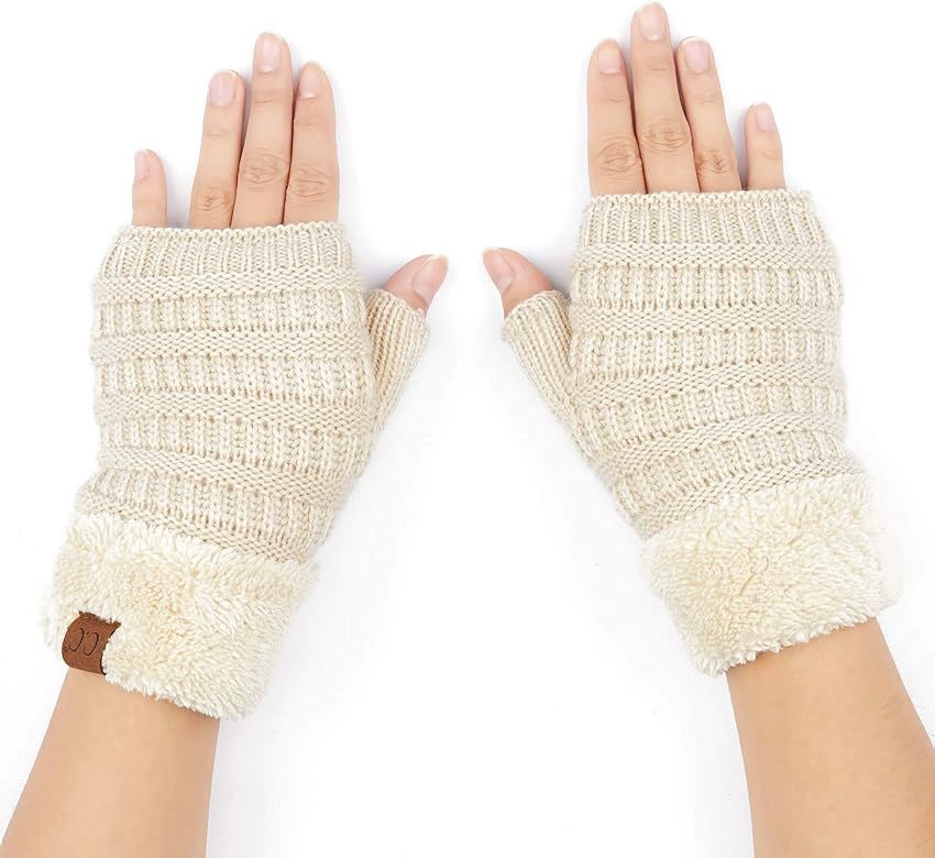C.C Fingerless Gloves Fuzzy Lined Knit Wrist Warmer Solid Ribbed Glove (FLG-25) | Amazon (US)