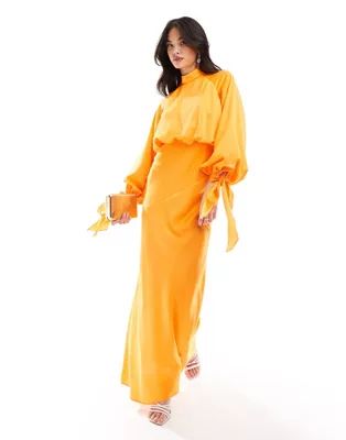 ASOS DESIGN satin balloon sleeve high neck maxi dress in orange | ASOS (Global)
