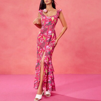 Designer Boho Bohemian Rose Red Floral Print Ruffled Mid-Slit Maxi Sundress For Spring And Summer Vacation, Festival, Concert Outfit, Ibiza Fits, Prom | SHEIN