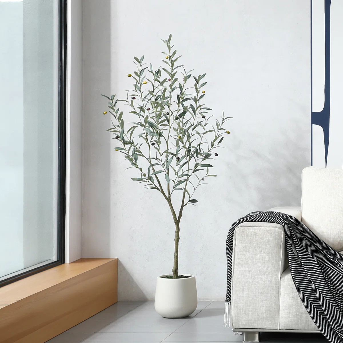 Adcock Faux Olive Tree with Oval White Planter, Pre Potted Fake Greenry Olive Plant for Home Deco... | Wayfair North America