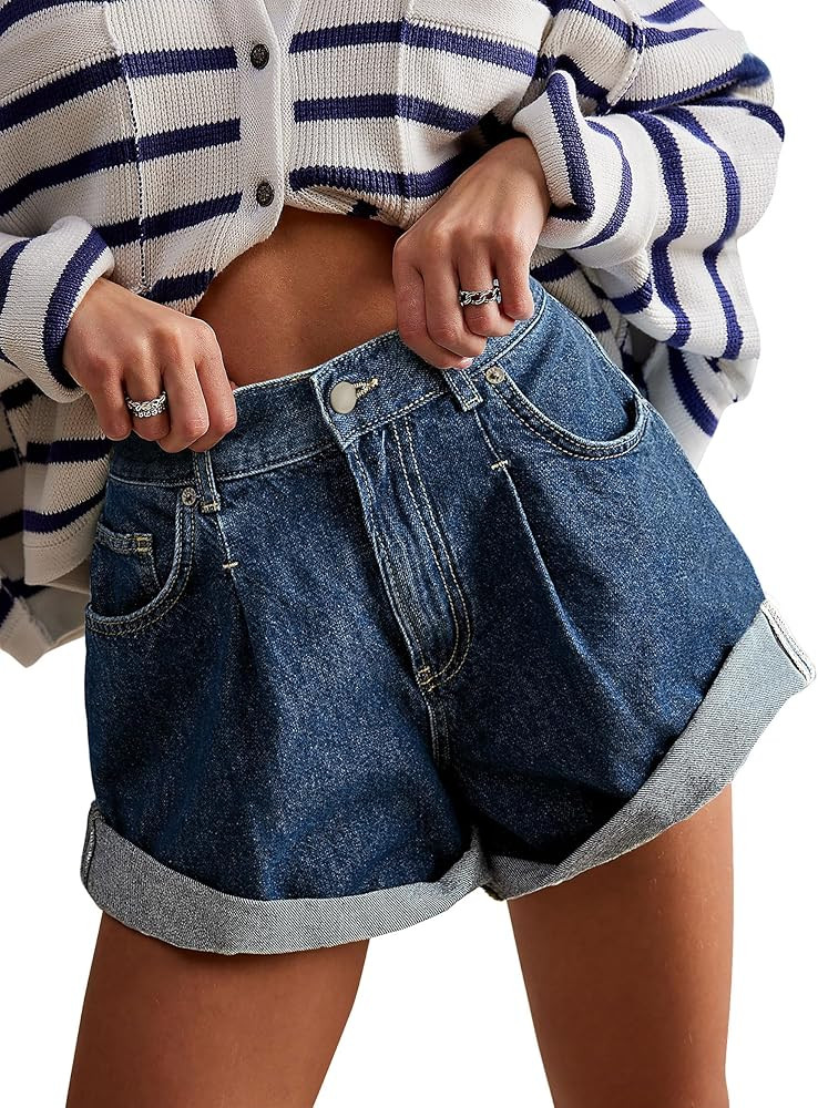 Womens Jean Shorts, Stretchy Denim Shorts with Pockets Elastic Waisted Relaxed Fit | Amazon (US)