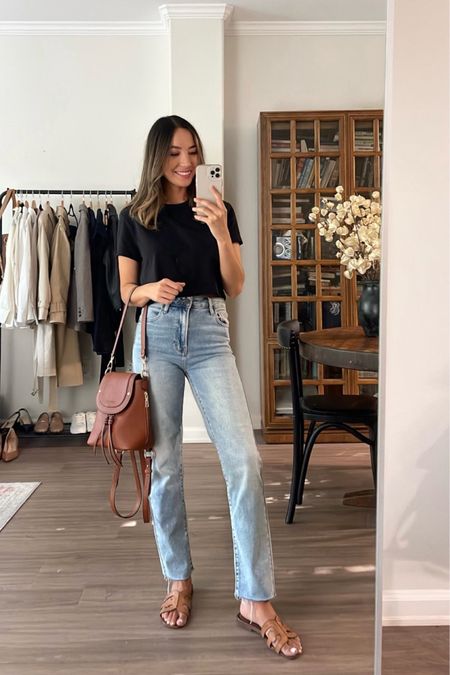 Spring style inspo tee & jeans outfit / casual style 

Tee xs
Jeans tts - almost sold out, linked similar straight leg jeans at madewell on sale, i recommend sizing down for madewell jeans 
My favorite sandals 

#LTKunder100 #LTKSeasonal #LTKtravel
