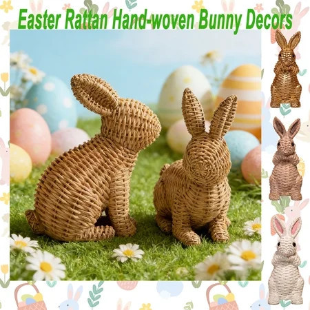 Easter Natural Rattan Hand-Woven Bunny Basket Decor, Wicker Rabbit Ornament for Easter Decorations, Spring Pastoral Home Accent for Indoor Outdoor Tabletop Porch Shelf Centerpiece Display, HAODEJW | Walmart (US)