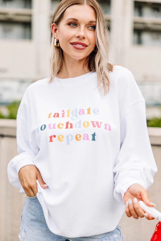 Tailgate Touchdown Repeat White Corded Graphic Sweatshirt | The Mint Julep Boutique