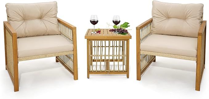 Tangkula 3 Pieces Acacia Wood Patio Furniture Set, PE Wicker Bistro Set with Cushioned Chairs and... | Amazon (US)