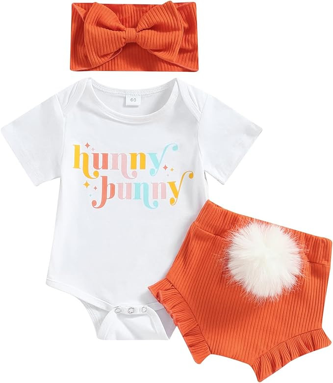 Fernvia Infant Baby Girls Easter Outfits Short Sleeve Rabbit Print Romper Elastic Waist Shorts wi... | Amazon (US)
