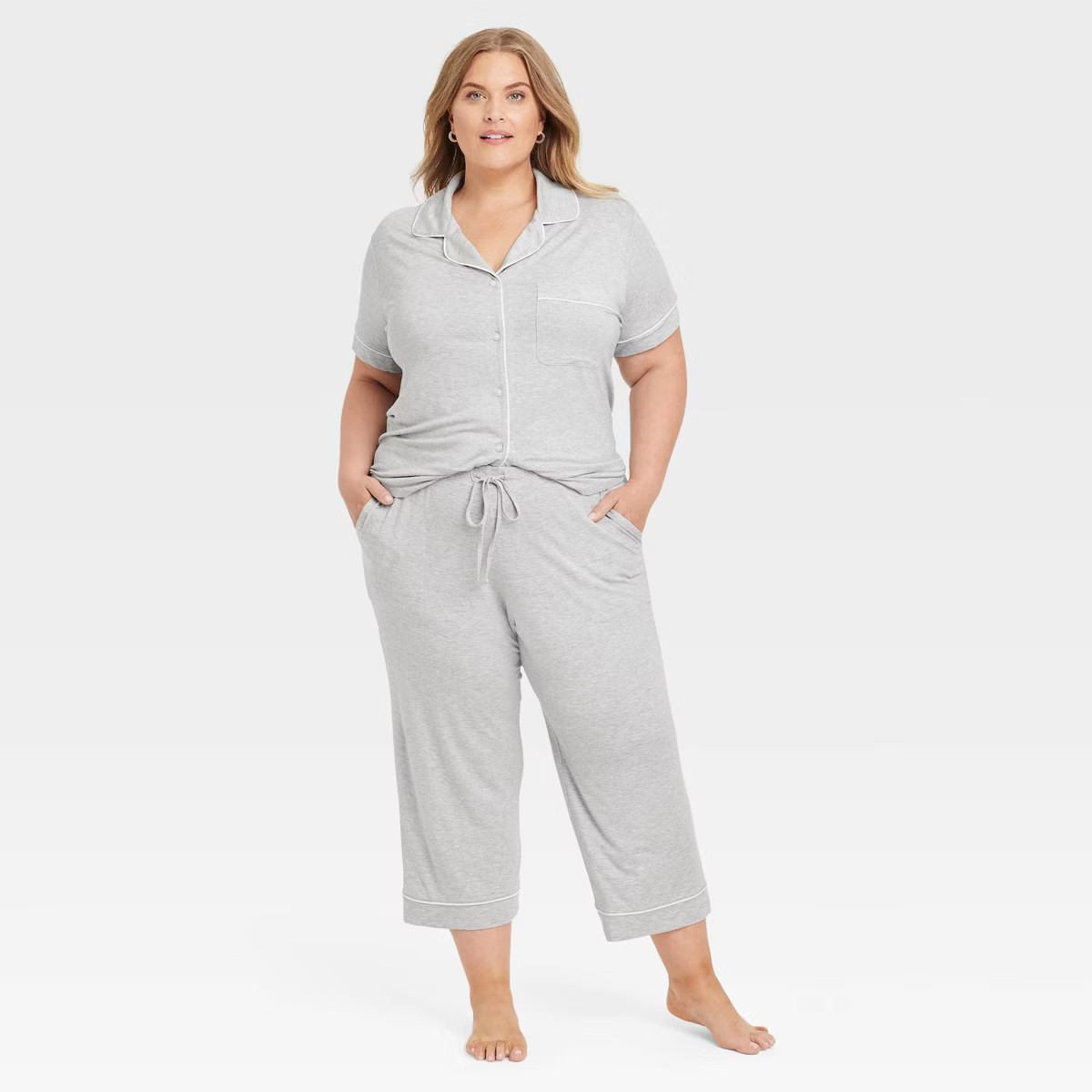 Women's Cloud Knit Short Sleeve Notch Collar Top and Cropped Pants Pajama Set - Auden™ | Target