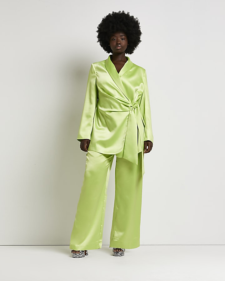 Plus lime green satin wide leg trousers | River Island (UK & IE)