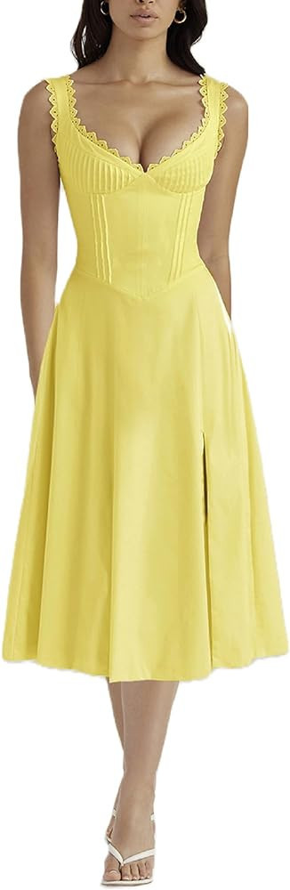 Women Y2k Boho Maxi Dress Square Collar Backless Floral Split Corset Dress Cottagecore Sleeveless... | Amazon (US)