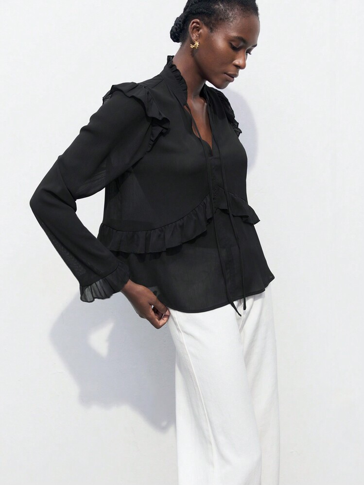 Maija Women's Elegant Solid Color Ruffle Hem Long Sleeve Shirt,Long Sleeve Tops,Autumn Outfits For Women | SHEIN