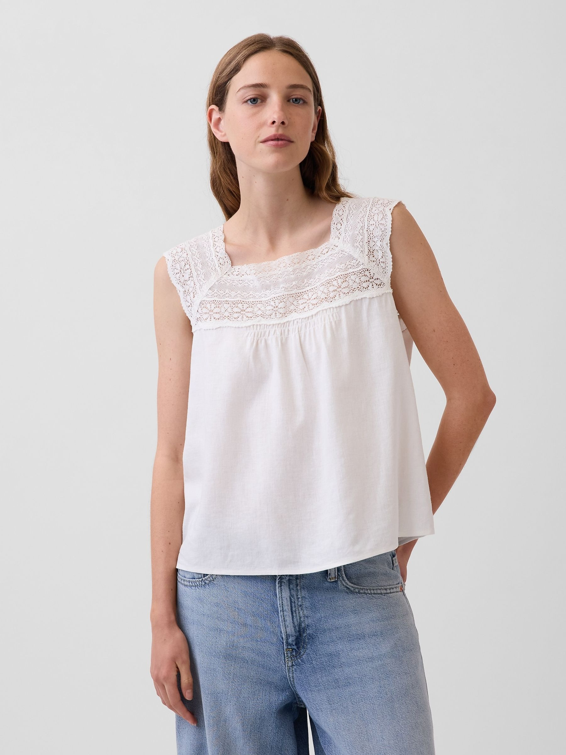 White Linen-Blend Crochet Square-Neck Top | Gap | GAP UK