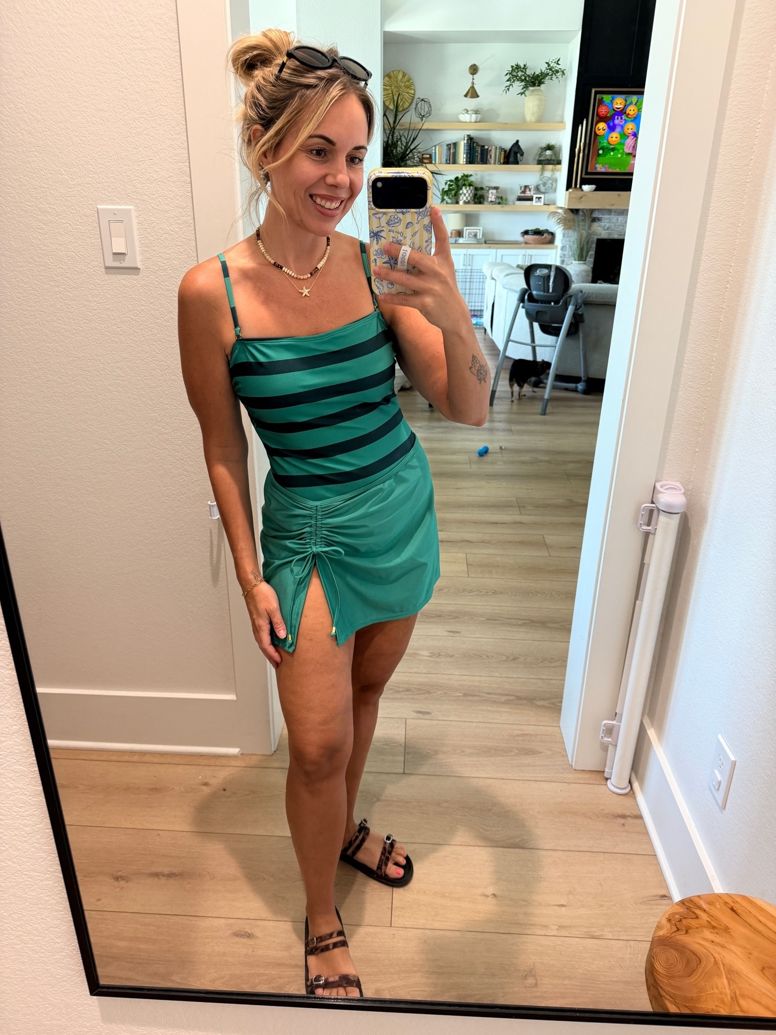 I sized up to medium in both. The skirt is a little big though. The color of this one piece is so shimmery!

#LTKootd #LTKSwim