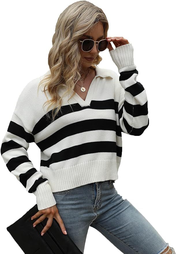 SheIn Women's Casual Long Sleeve Knit Sweater V Neck Striped Pullover Jumper Tops Black White S a... | Amazon (US)